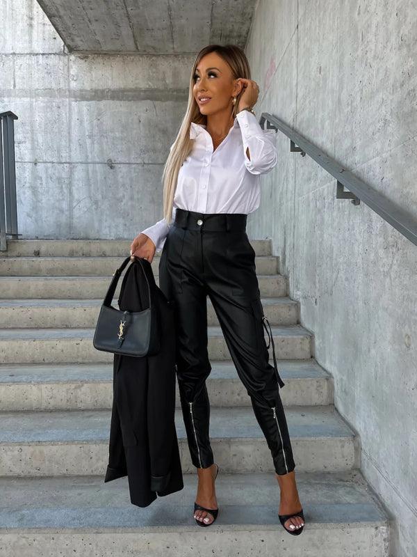Pantalones de cuero PU ajustados a la moda para mujer