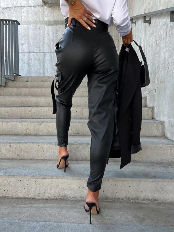Pantalones de cuero PU ajustados a la moda para mujer