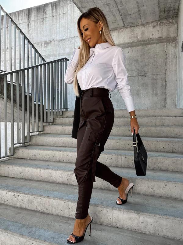 Pantalones de cuero PU ajustados a la moda para mujer