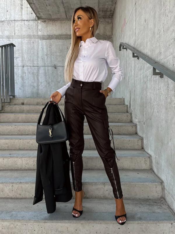 Pantalones de cuero PU ajustados a la moda para mujer