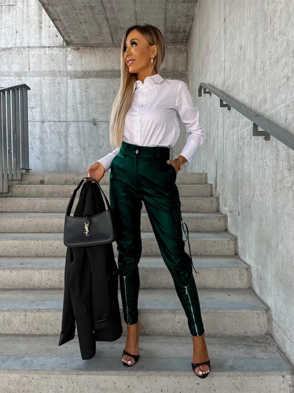 Pantalones de cuero PU ajustados a la moda para mujer
