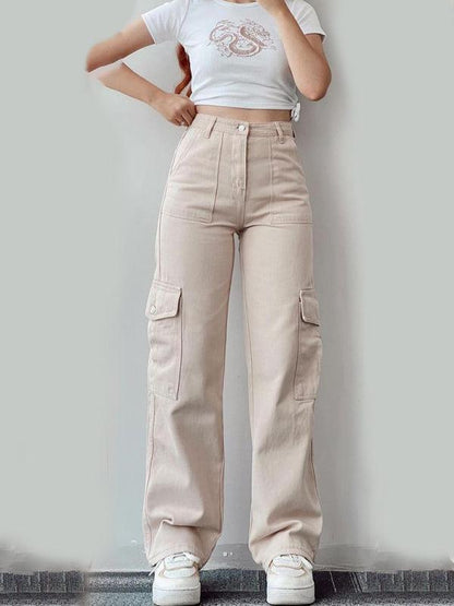 Casual Women Cargo Pants – Mid Rise Button Front