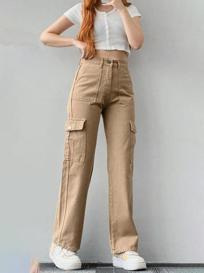 Casual Women Cargo Pants – Mid Rise Button Front
