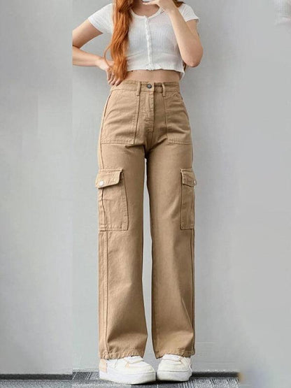 Casual Women Cargo Pants – Mid Rise Button Front