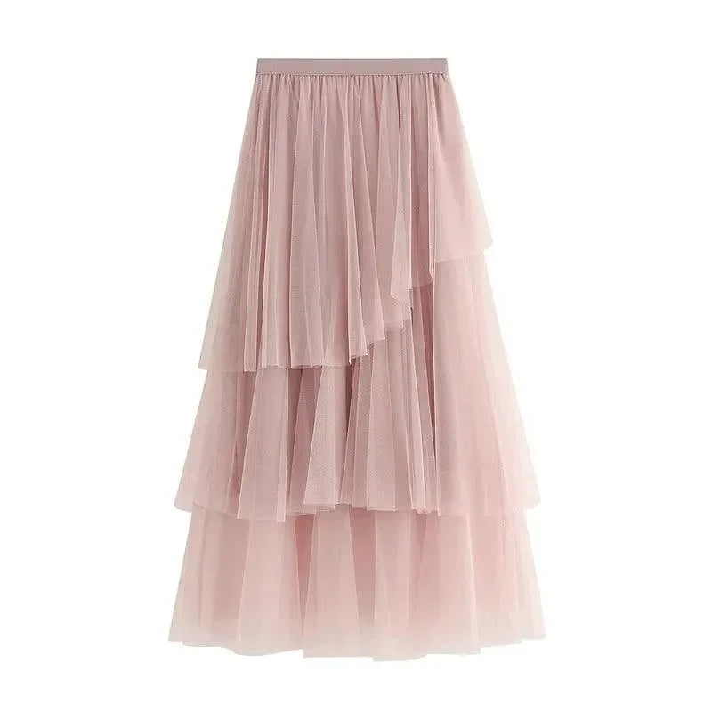 Irregular Mesh High-Waisted Long Skirt -Guocali