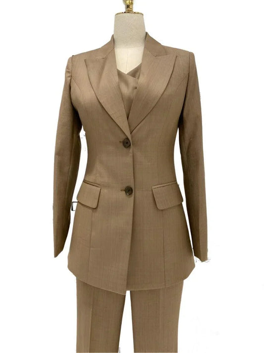 Khaki Three Piece Suit - Women Trouser Suit -Guocali