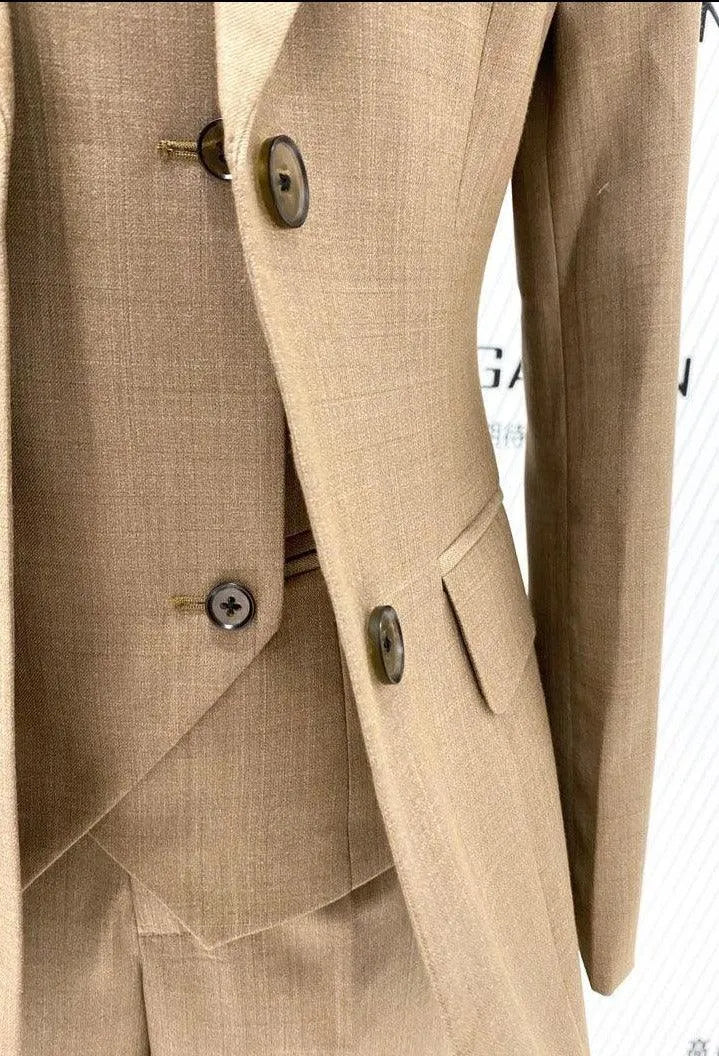Khaki Three Piece Suit - Women Trouser Suit -Guocali