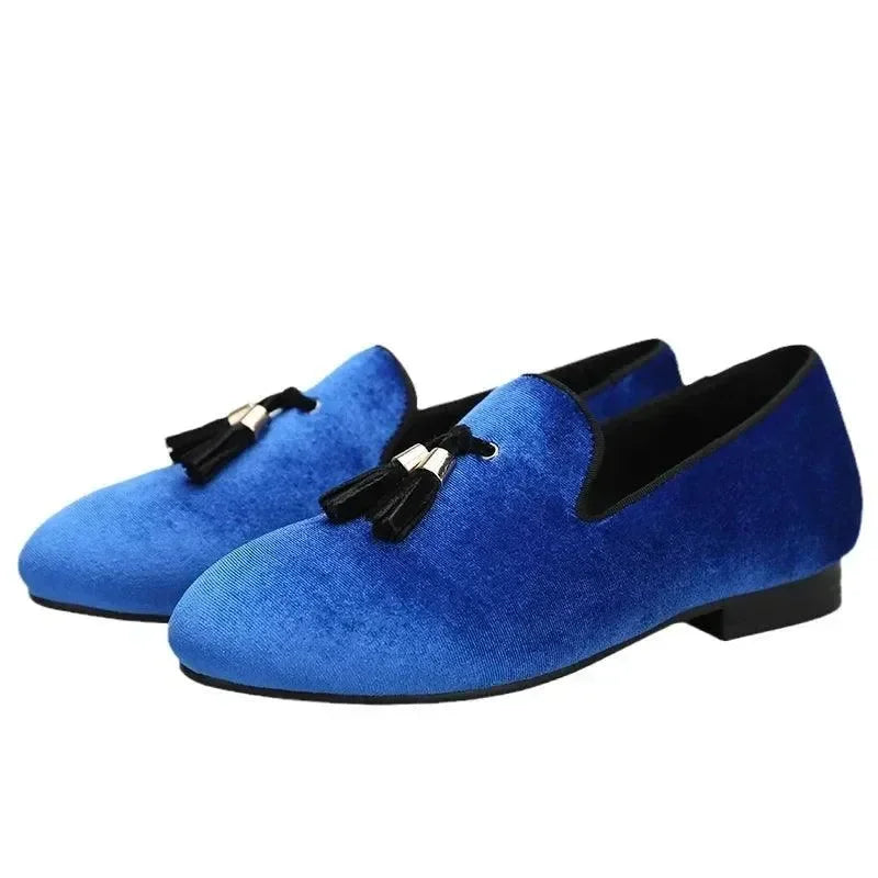 Kids Loafers Klein Blue Velvet Parent-Child Loafers with Gold Buckle Tassel Detail -Guocali