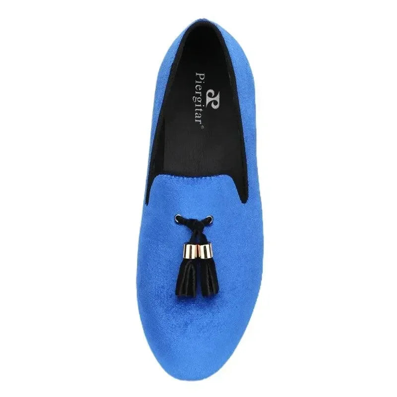 Kids Loafers Klein Blue Velvet Parent-Child Loafers with Gold Buckle Tassel Detail -Guocali