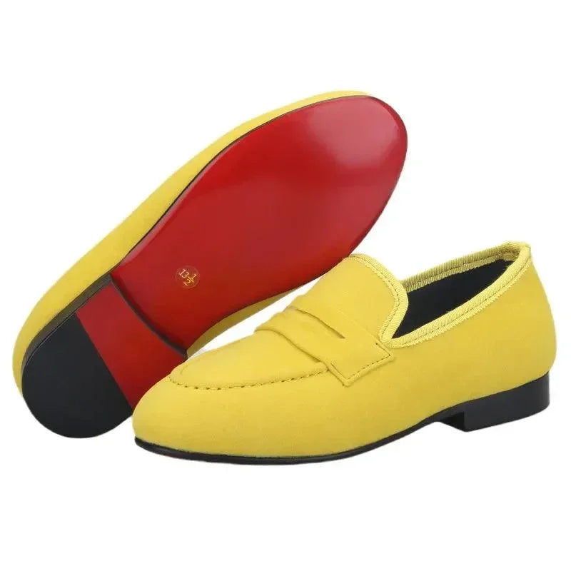 Kids Loafers Velvet Parent-Child Penny Loafers with Vibrant Red Outsoles -Guocali