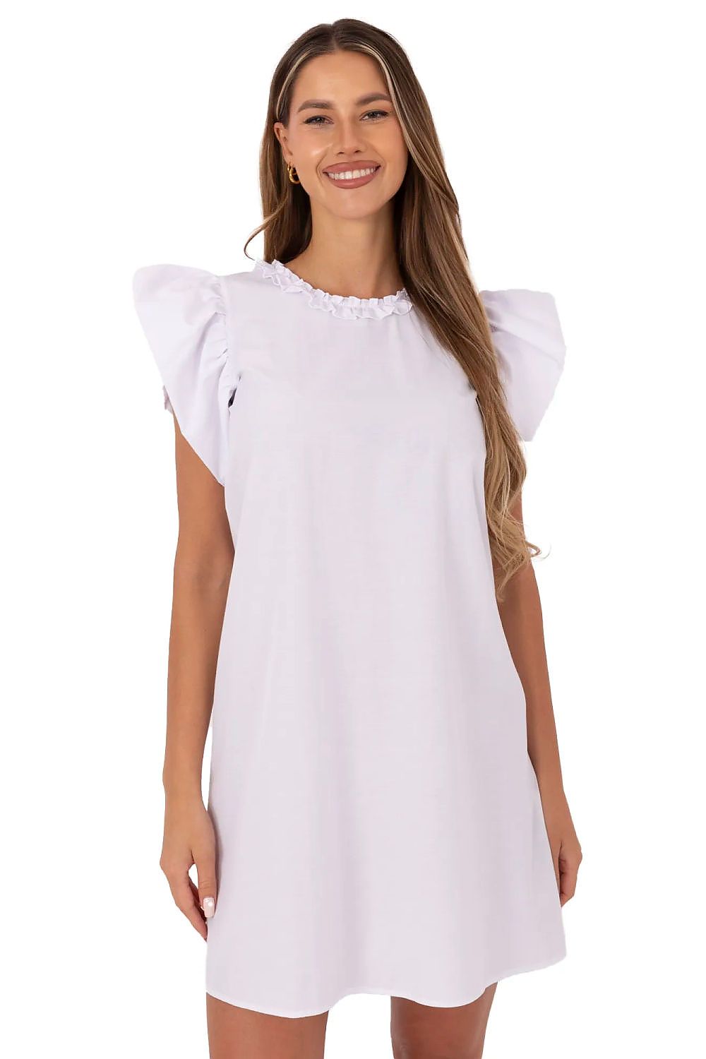 Knee Length Dress – Round Neck, A-Line, Ruffle Trim – Daydress | GUOCALI