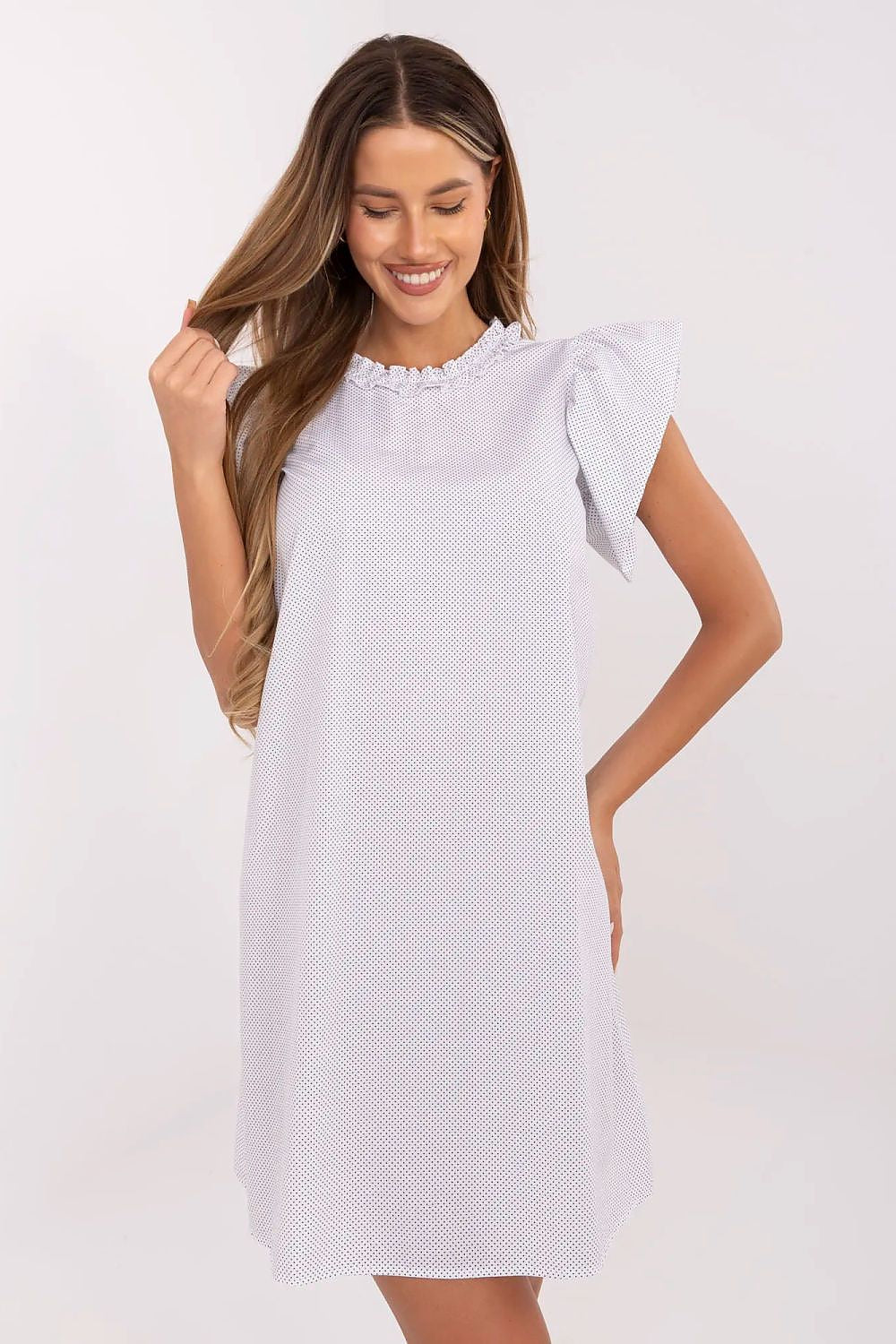 Knee Length Dress – Round Neck, A-Line, Ruffle Trim – Daydress | GUOCALI – view 7