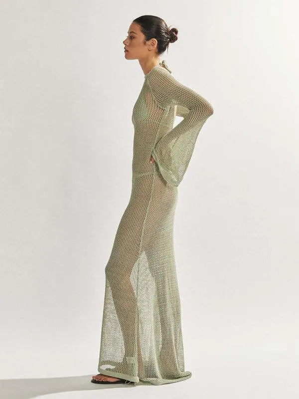 Knitted Long-Sleeved Backless Beach Cover-Up -Guocali