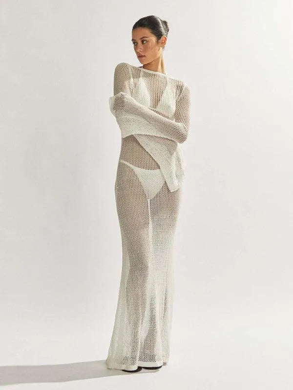 Knitted Long-Sleeved Backless Beach Cover-Up -Guocali