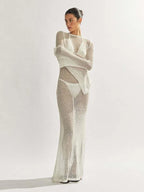 Knitted Long-Sleeved Backless Beach Cover-Up -Guocali