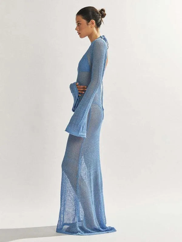 Knitted Long-Sleeved Backless Beach Cover-Up -Guocali