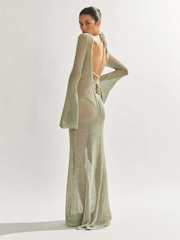 Knitted Long-Sleeved Backless Beach Cover-Up -Guocali