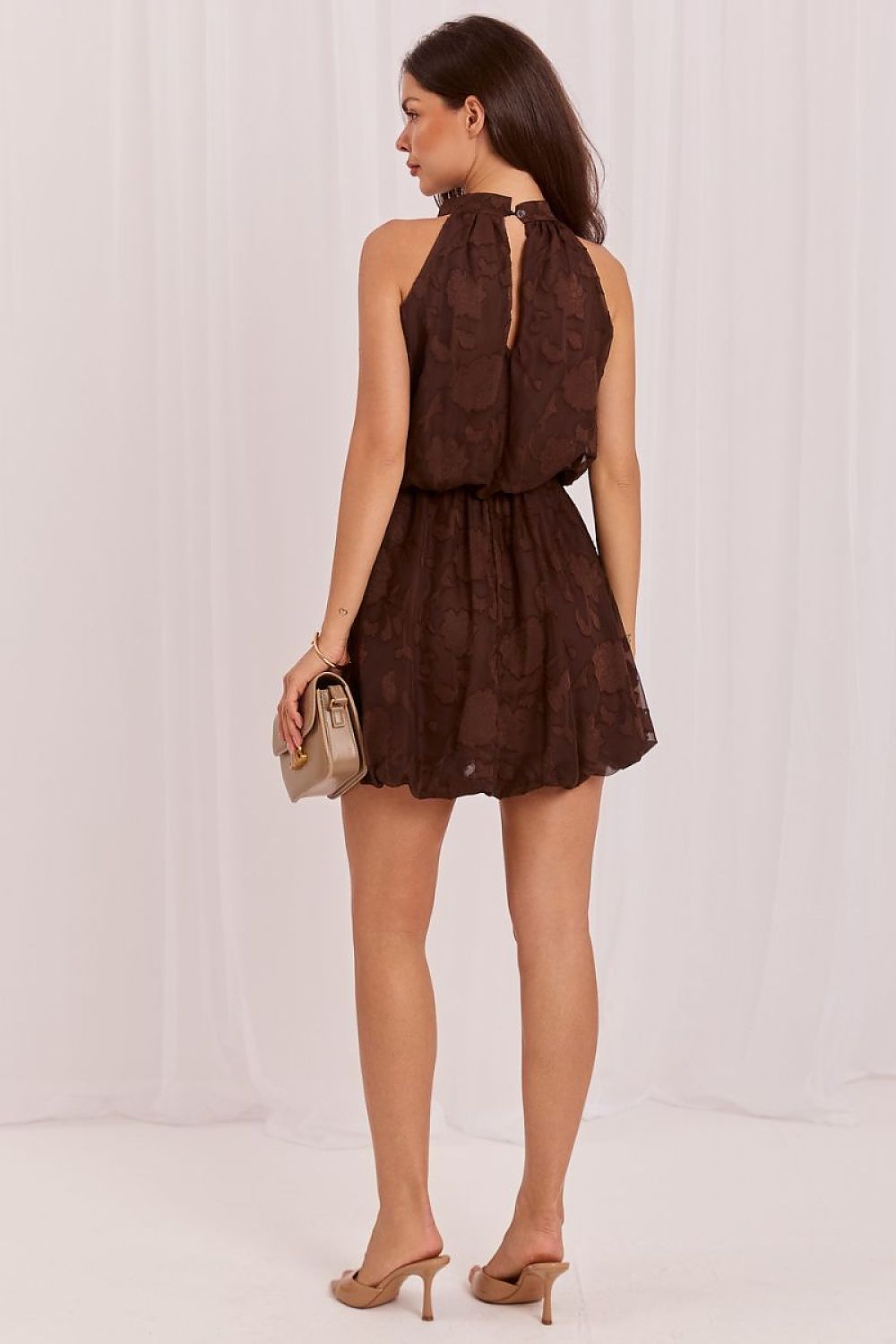 Lace Keyhole Halter Mini Dress – Brown – Daydress | GUOCALI – view 4
