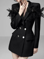 Lace Patchwork Notched Collar Blazer Dress -Guocali