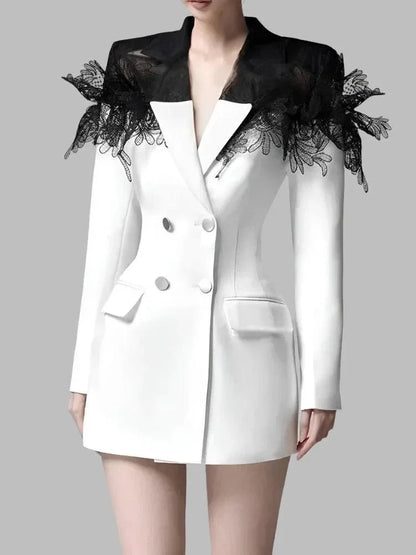 Lace Patchwork Notched Collar Blazer Dress -Guocali