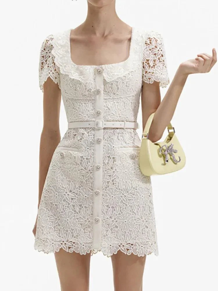 Lace Square Neck Single-Breasted Short Dress -Guocali