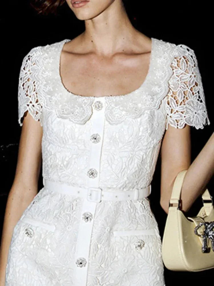 Lace Square Neck Single-Breasted Short Dress -Guocali