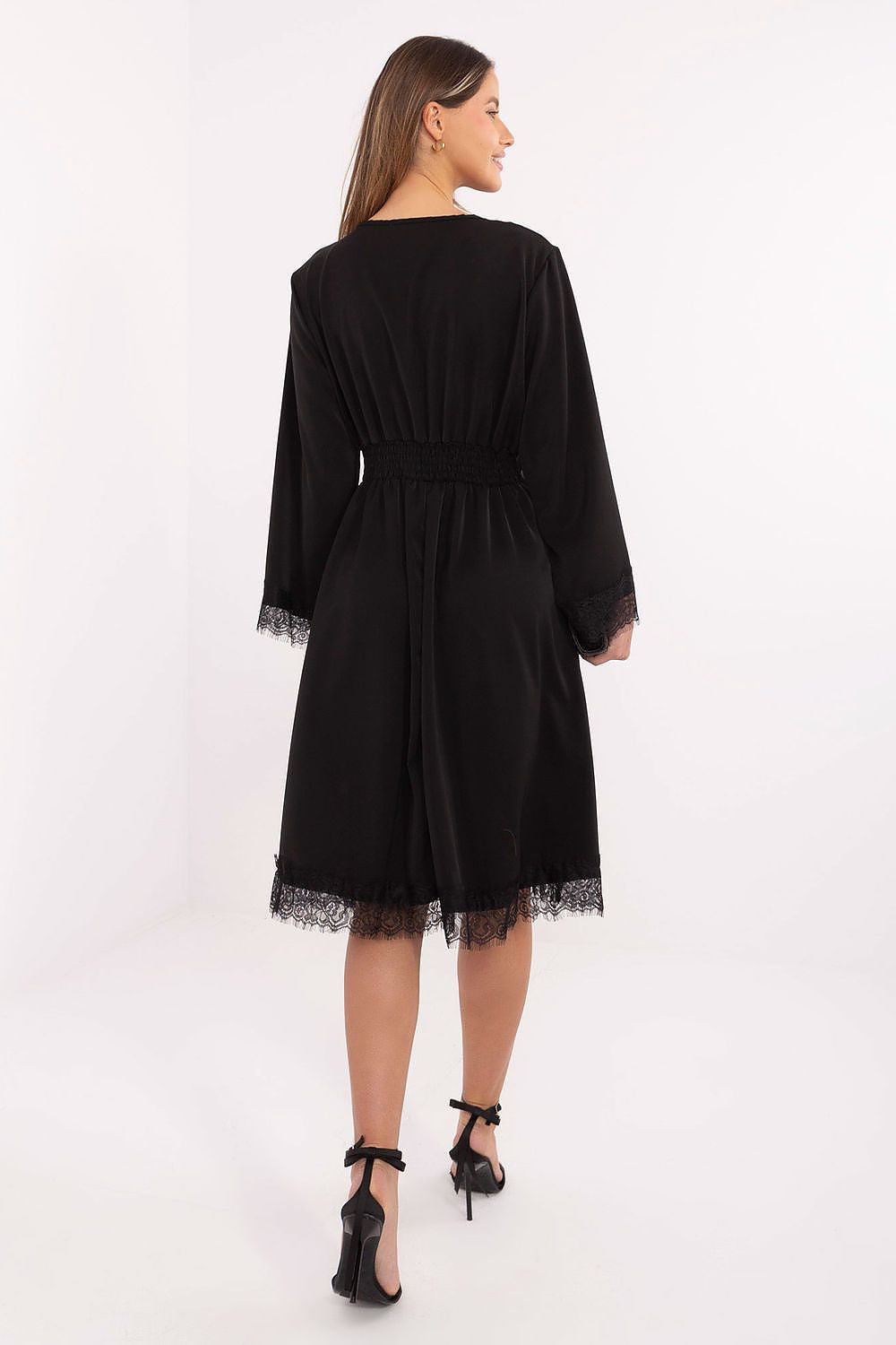 Lace V-Neck Long Sleeve Midi Wrap Dress – Black – Daydress | GUOCALI – view 3