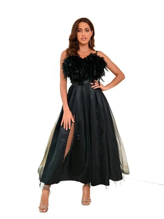 Ladies Feather Sling Mesh Party Dress -Guocali