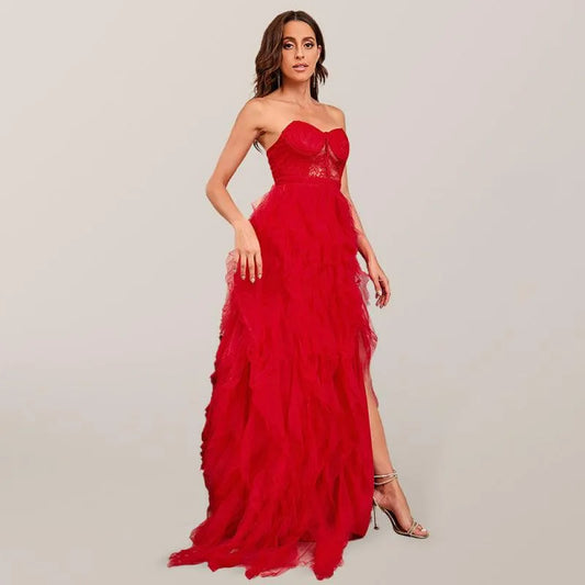 Ladies Lace Mesh Tube Top Party Dress -Guocali