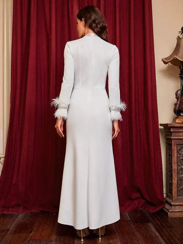 Ladies Slit Feather Party Dress