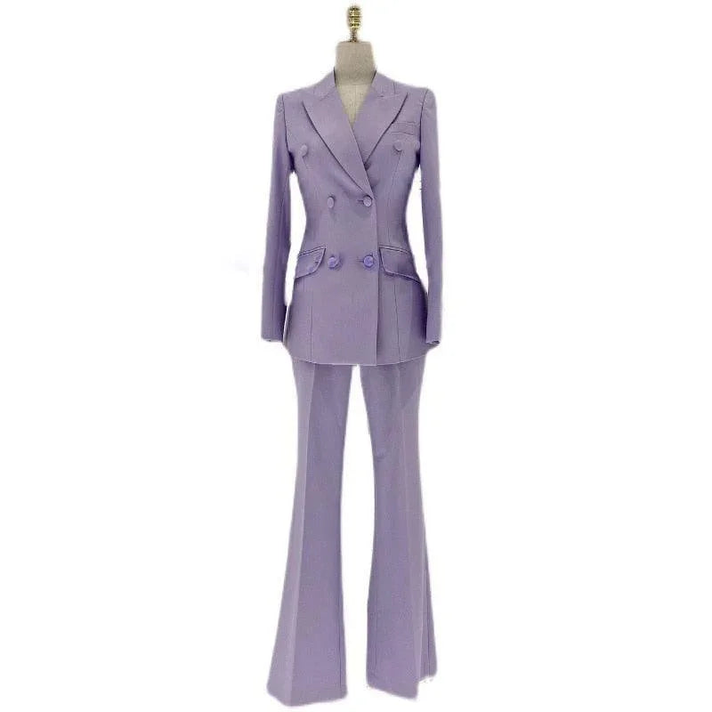 Lavender Double-Breasted Flared Pantsuit - Women Trouser Suits - Trouser Suit -Guocali