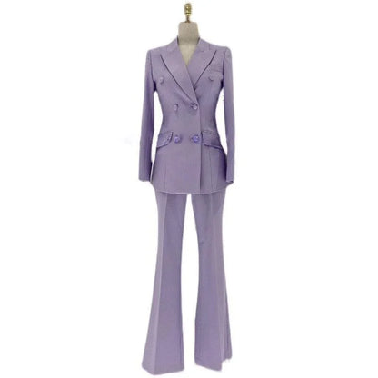 Lavender Double-Breasted Flared Pantsuit - Women Trouser Suits - Trouser Suit -Guocali