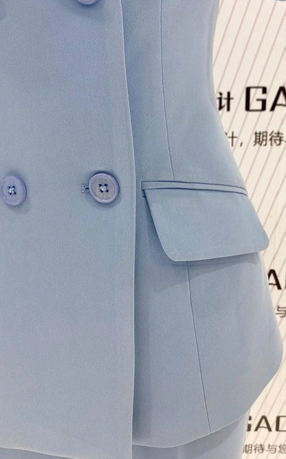 Light Blue Short Sleeve Slim Pant Suit - Thin Fabric -Guocali