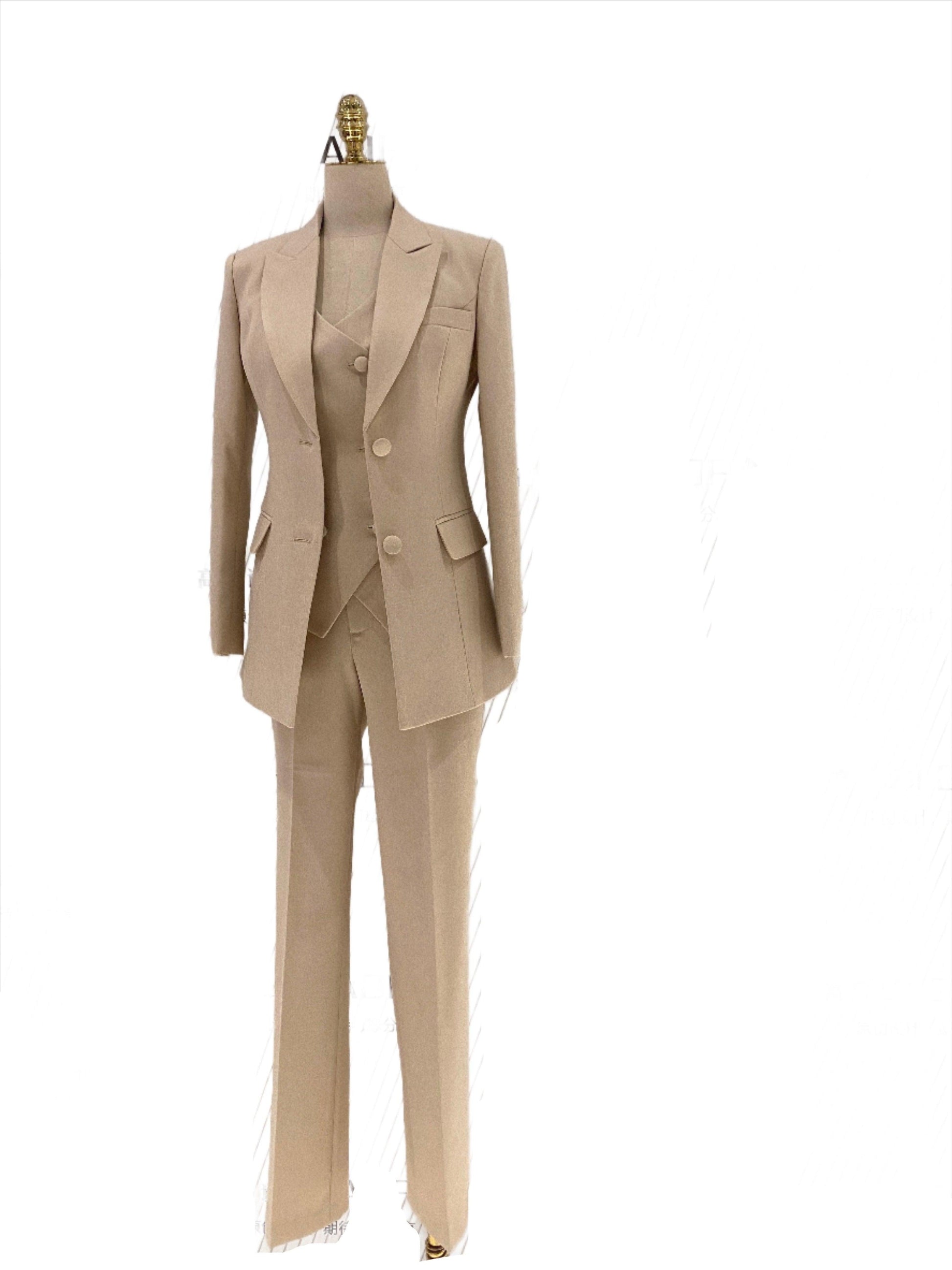 Light Khaki Women Pant Suit - Three Piece Trouser Suit - Pantsuit - Guocali