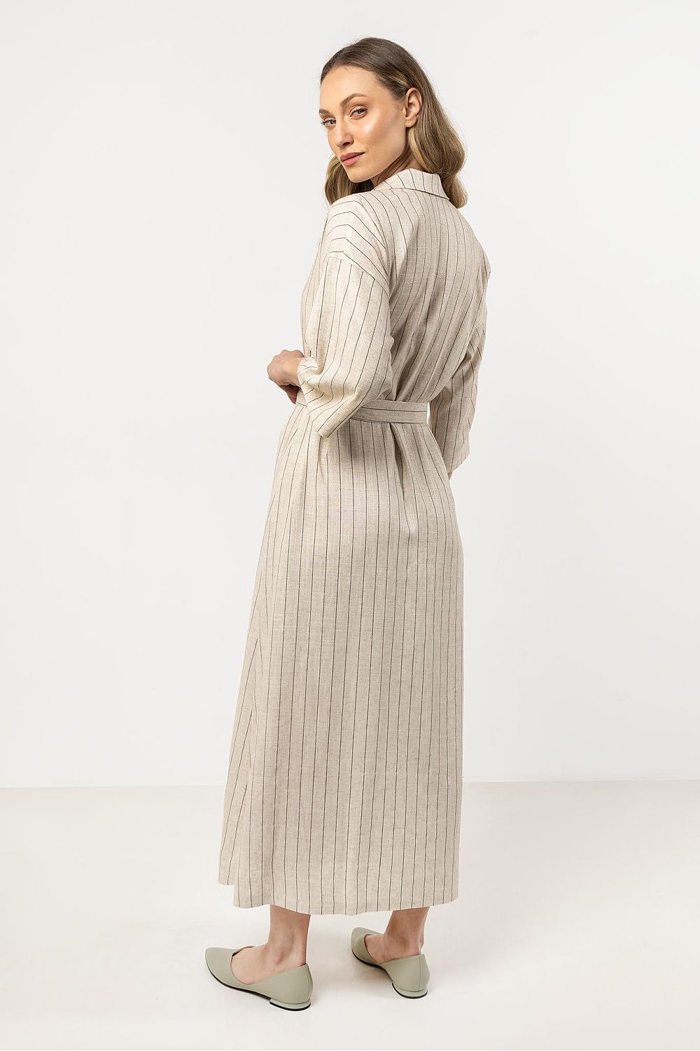 Linen Maxi Shirt Dress – Stand Collar, Stripes – Daydress | GUOCALI – view 5