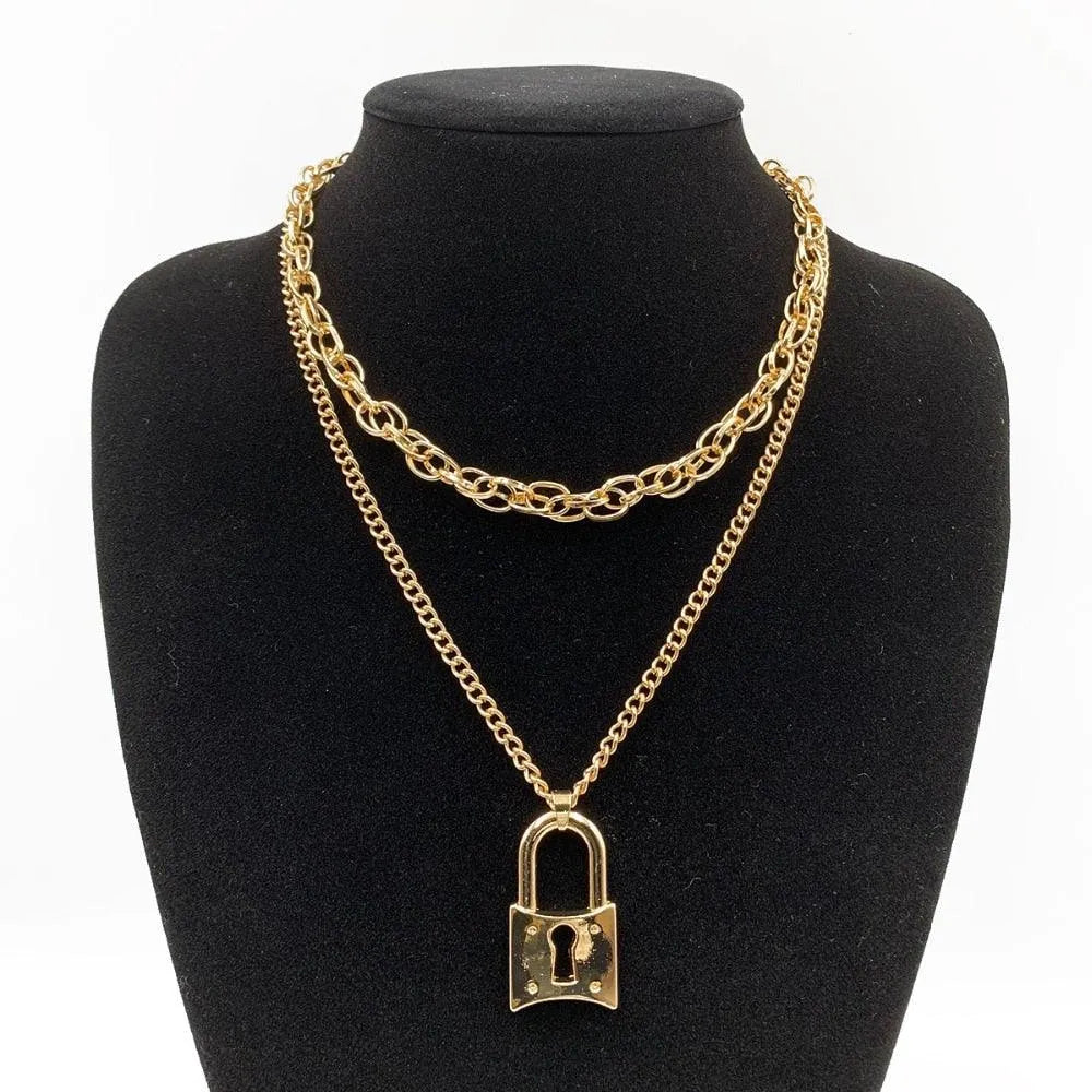Lock Pendant Necklace - Multi-Layered Women Jewelry -Guocali