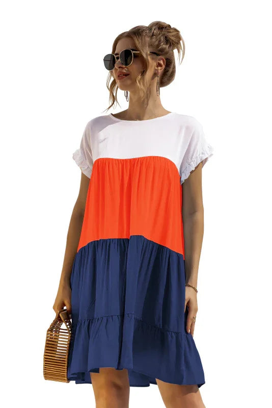 Loose Shirt Dress – Round Neck, Color Block – Shirt Dress | GUOCALI – view 2