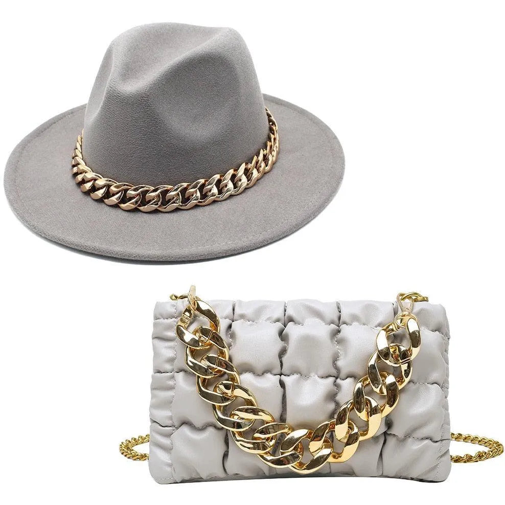 Luxury Fedora Hat And Oversized Chain Handbag -Guocali