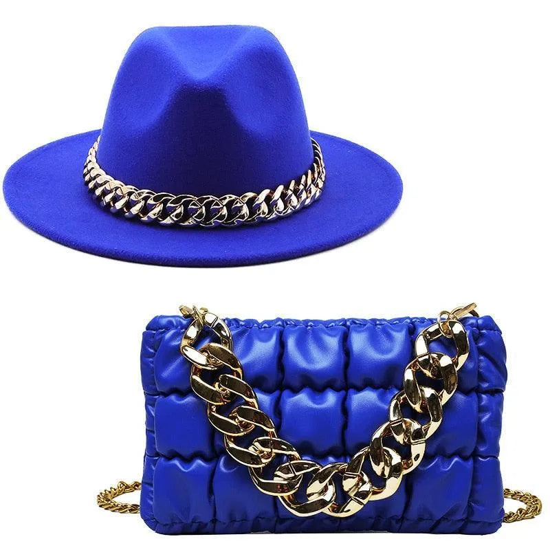 Luxury Fedora Hat And Oversized Chain Handbag -Guocali