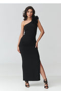 Maxi Dress – Asymmetric Neck, Fitted Cut, Ruching, Black – Daydress | GUOCALI