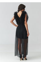 Maxi Wedding Guest Dress – V-Neck, Fitted Cut, Tiered Skirt, Black – Daydress | GUOCALI – view 3