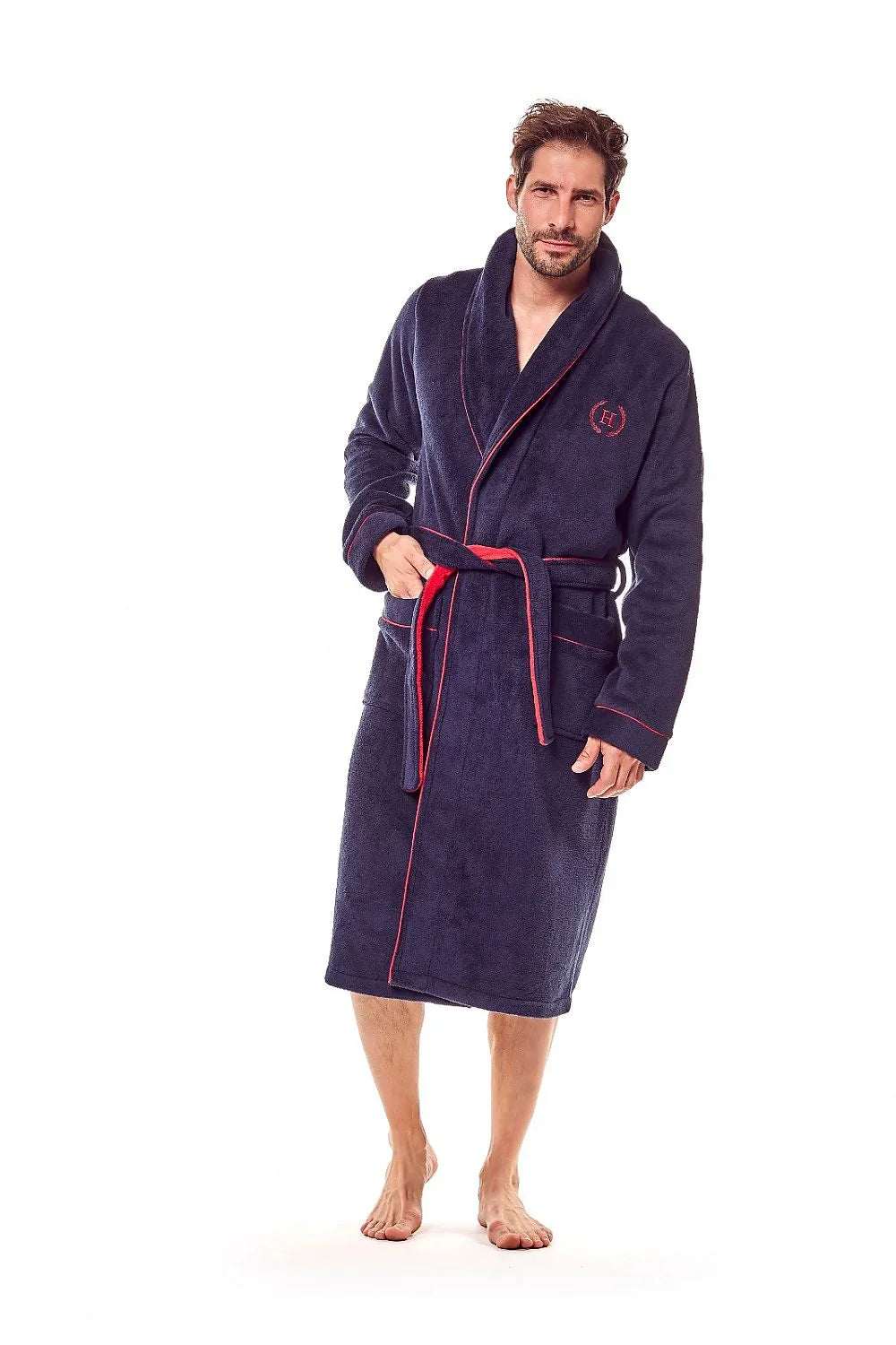 Men Bathrobe – Lightweight Solid, Embroidered - Navy -Guocali