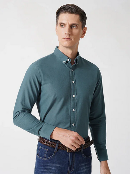 Men Button-Down Cotton Long Sleeves Casual Oxford Shirt – Breathable - White -Guocali