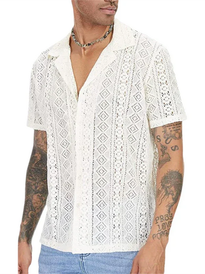 Men Casual Short Sleeves Cotton Button-Down Shirt – Breathable - Beige -Guocali