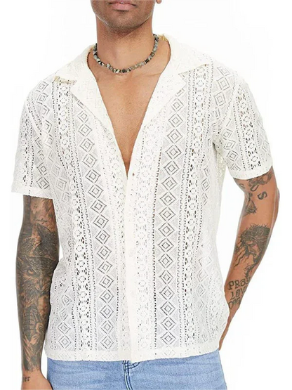 Men Casual Short Sleeves Cotton Button-Down Shirt – Breathable - Beige -Guocali