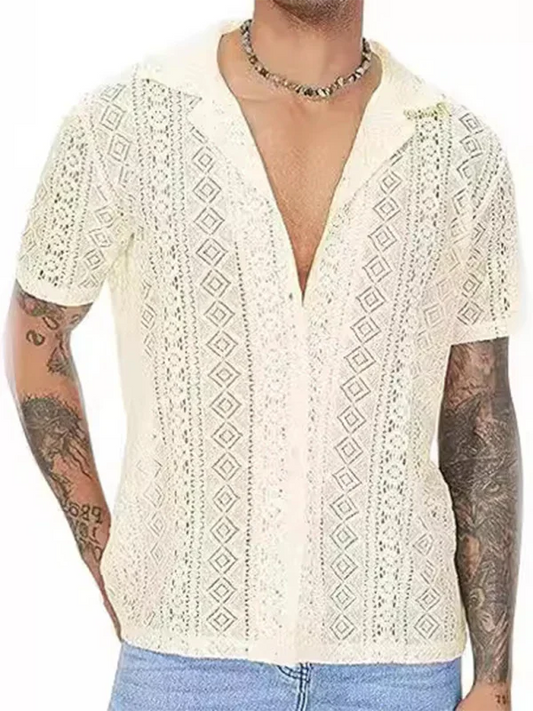 Men Casual Short Sleeves Cotton Button-Down Shirt – Breathable - Beige -Guocali