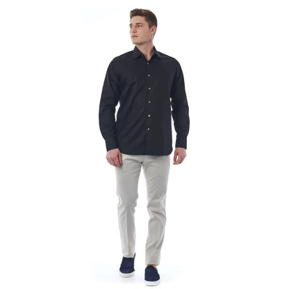 Men Cotton Long Sleeves Regular Fit Point Collar Dress Shirt – Breathable - Black -Guocali