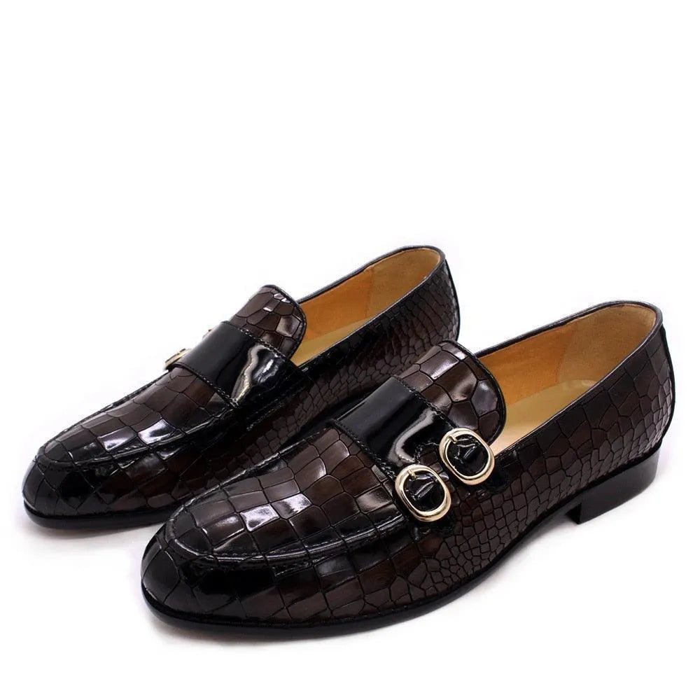 GUOCALI men's luxury dress loafers in black crocodile-pattern leather with double monk strap buckles