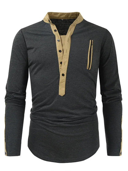 Men Henley Long-Sleeves T-Shirt – Breathable - Green, Beige -Guocali