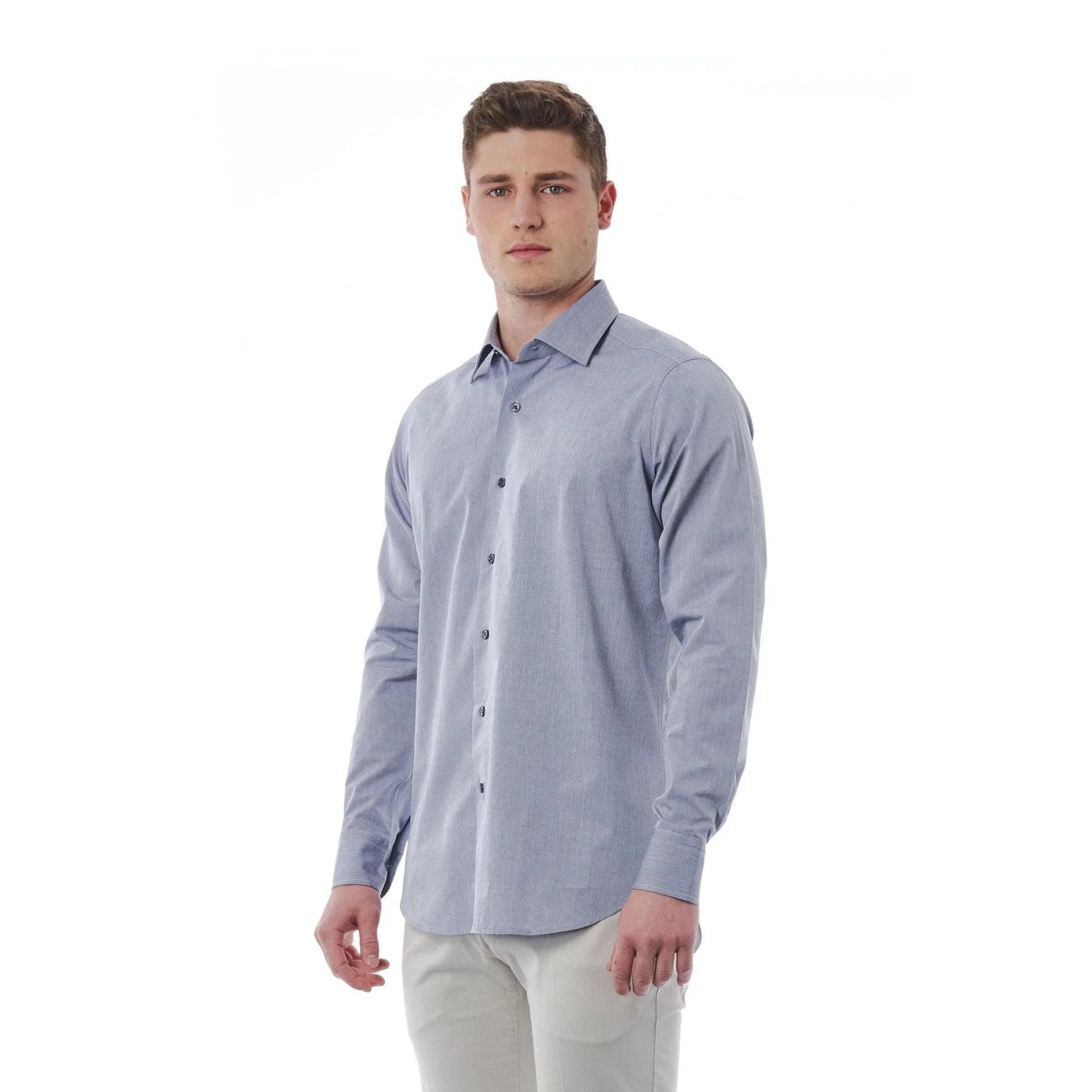 Men Long Sleeves Cotton Regular Fit Point Collar Dress Shirt – Stretchable - Blue -Guocali